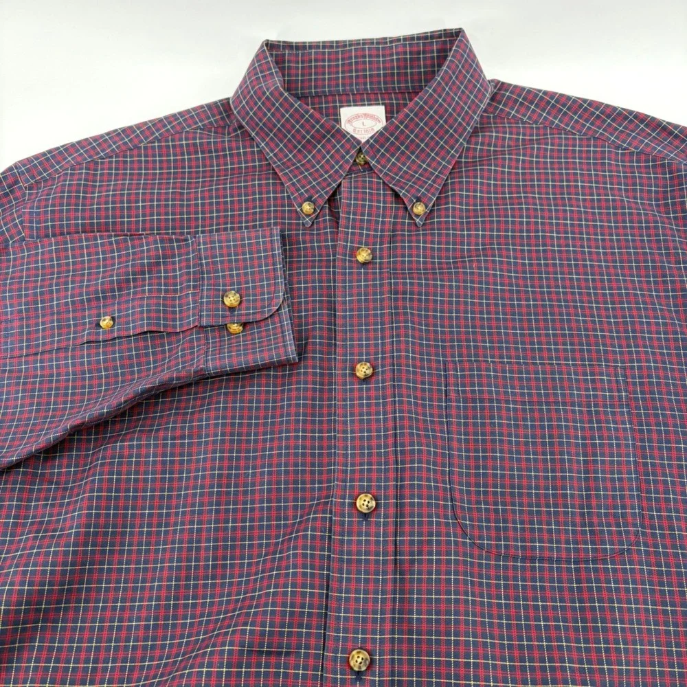 Brooks Brothers The Original Polo Shirt Mens L Regular Fit Non Iron Cotton Plaid